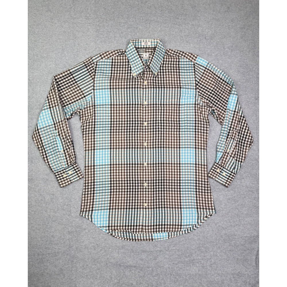 Peter Millar Mens Medium Brown Blue Multi Check Plaid Cotton Button Down Shirt